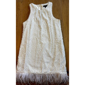Aidan Mattox White Sequin Feather Hem Dress ✨ Cocktail Party Glam Size 6